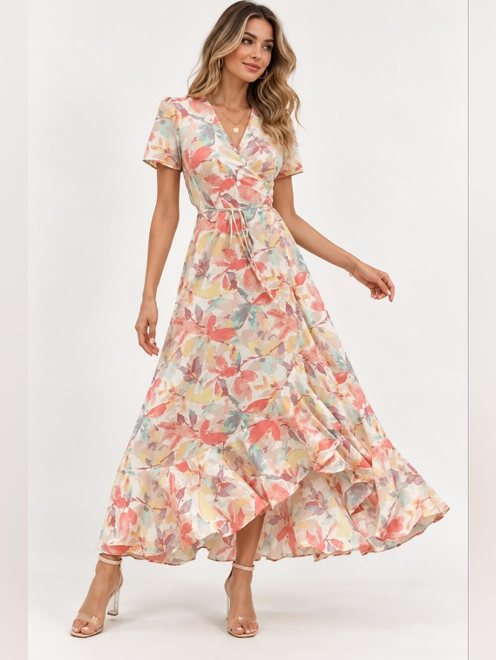 Pastel Floral Wrap Maxi Dress - Pink Multi